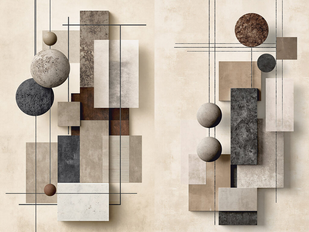 Collage van kunstwerken met verschillende vormen en kleuren — volledig ontwerp