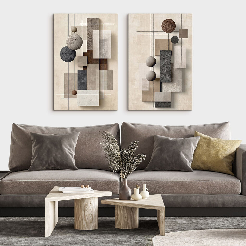 Collage van kunstwerken met verschillende vormen en kleuren — interieur 1