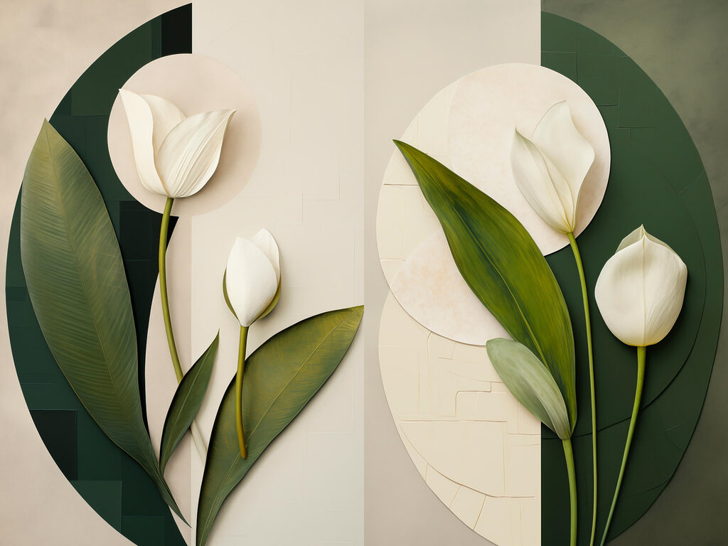 Collage van witte bloemen en groene bladeren — volledig ontwerp