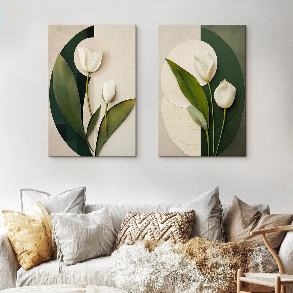 Collage van witte bloemen en groene bladeren — interieur 2