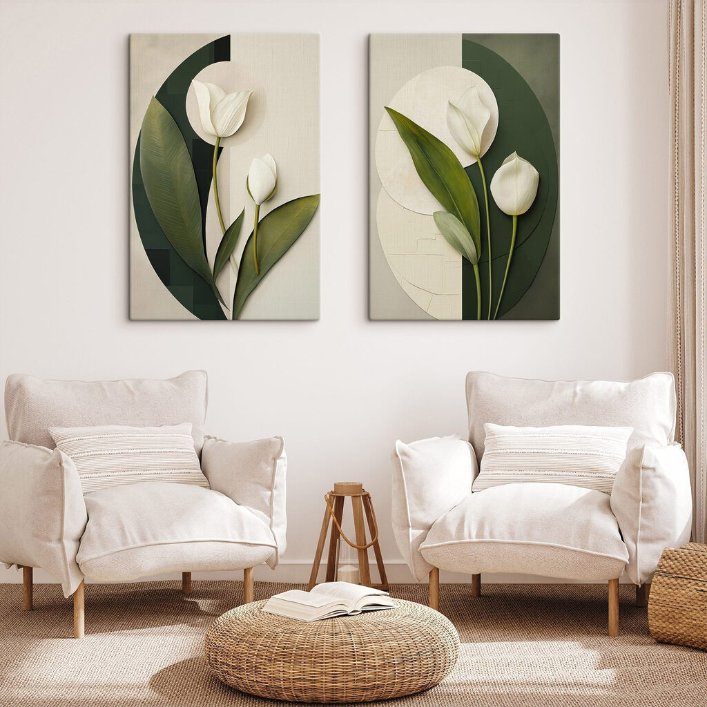 Collage van witte bloemen en groene bladeren — interieur 1