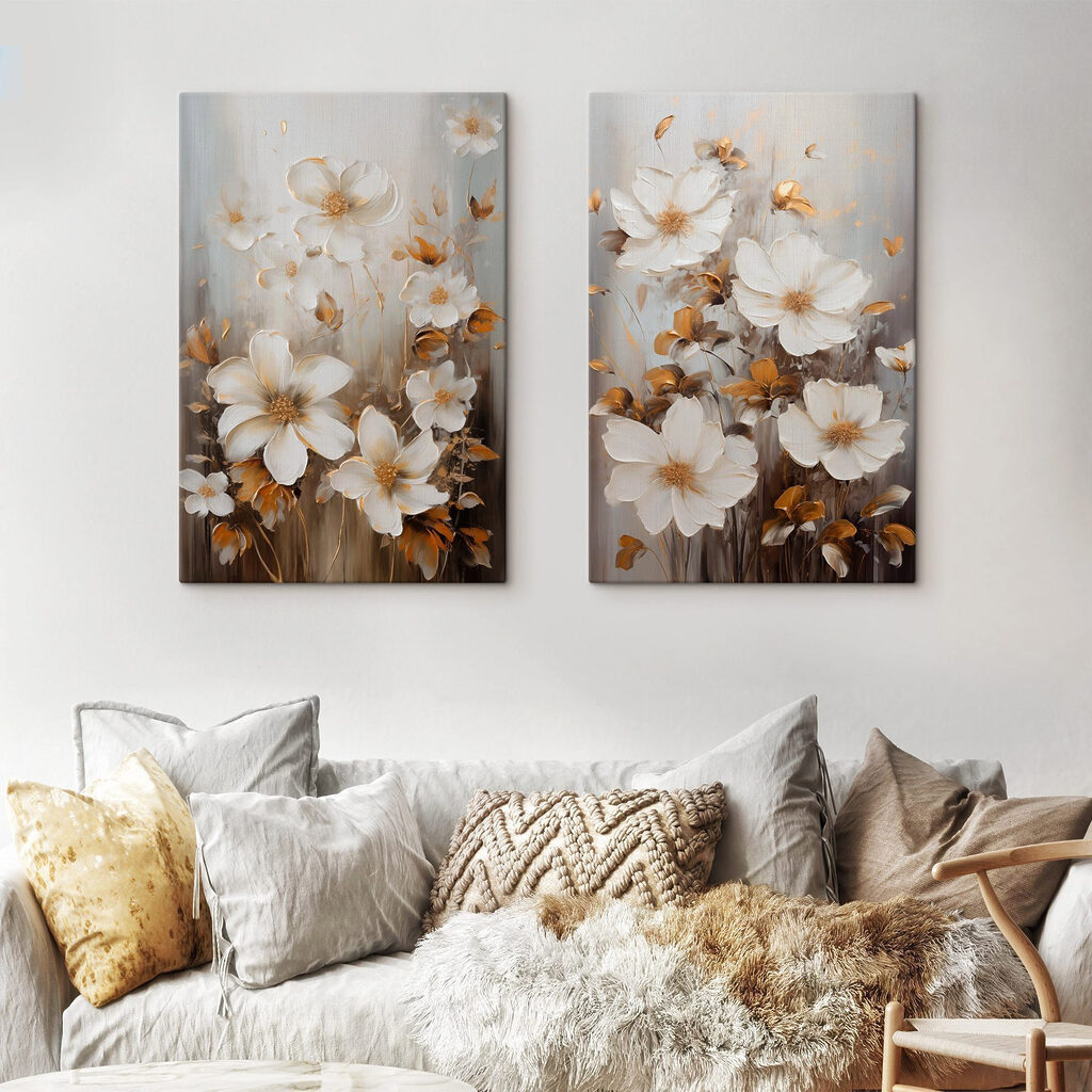 Schilderij van witte bloemen in een interieur