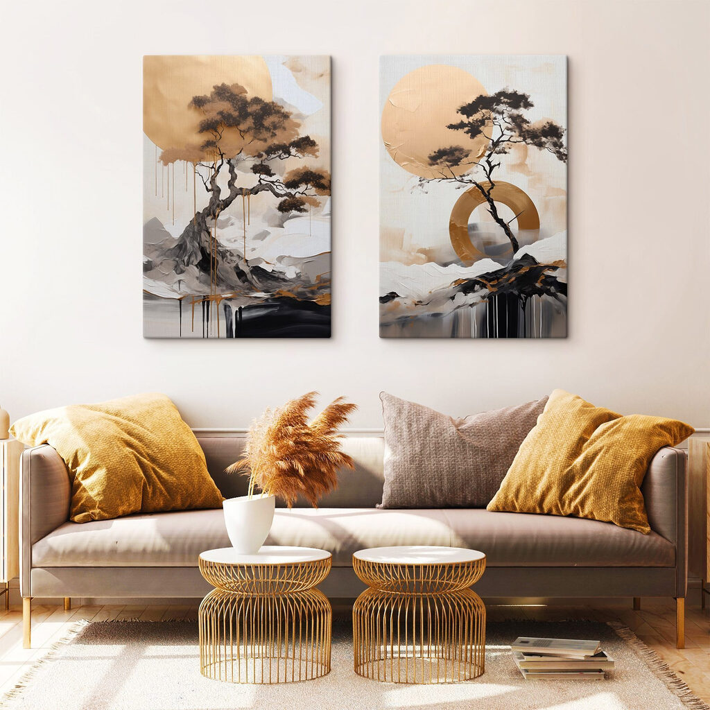 Schilderij van een boom en een cirkel in een interieur