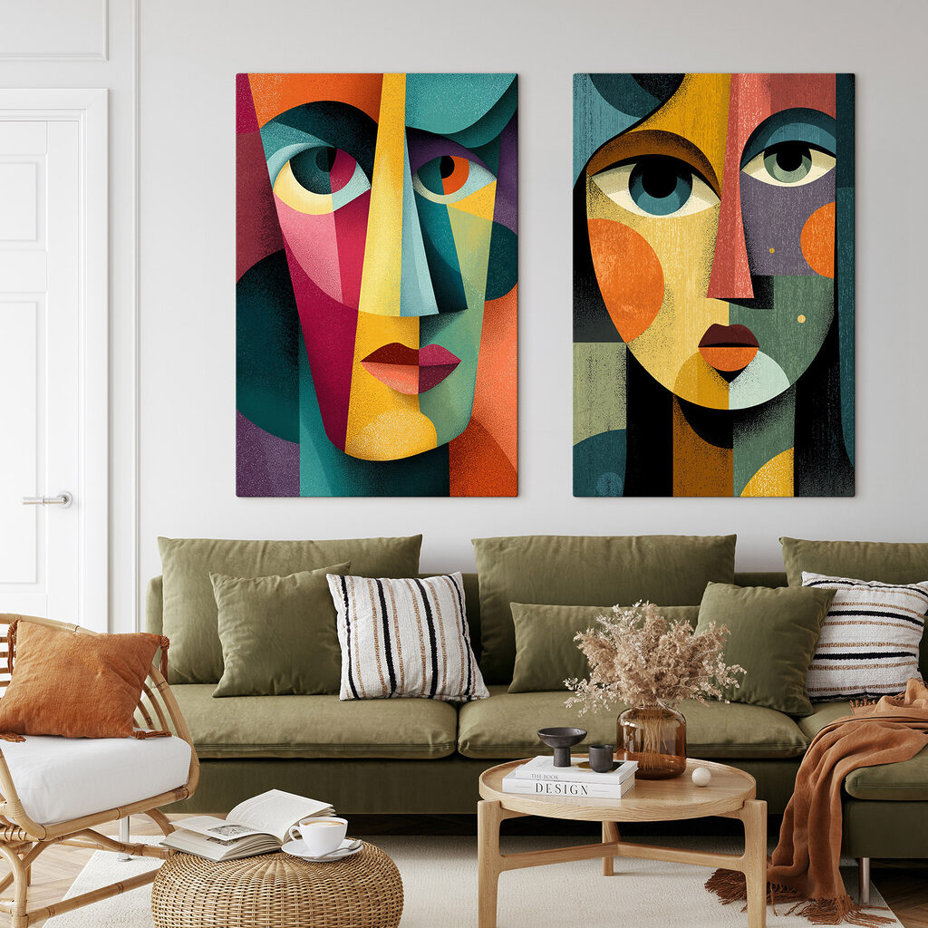Een paar gezichten in verschillende kleuren in een interieur