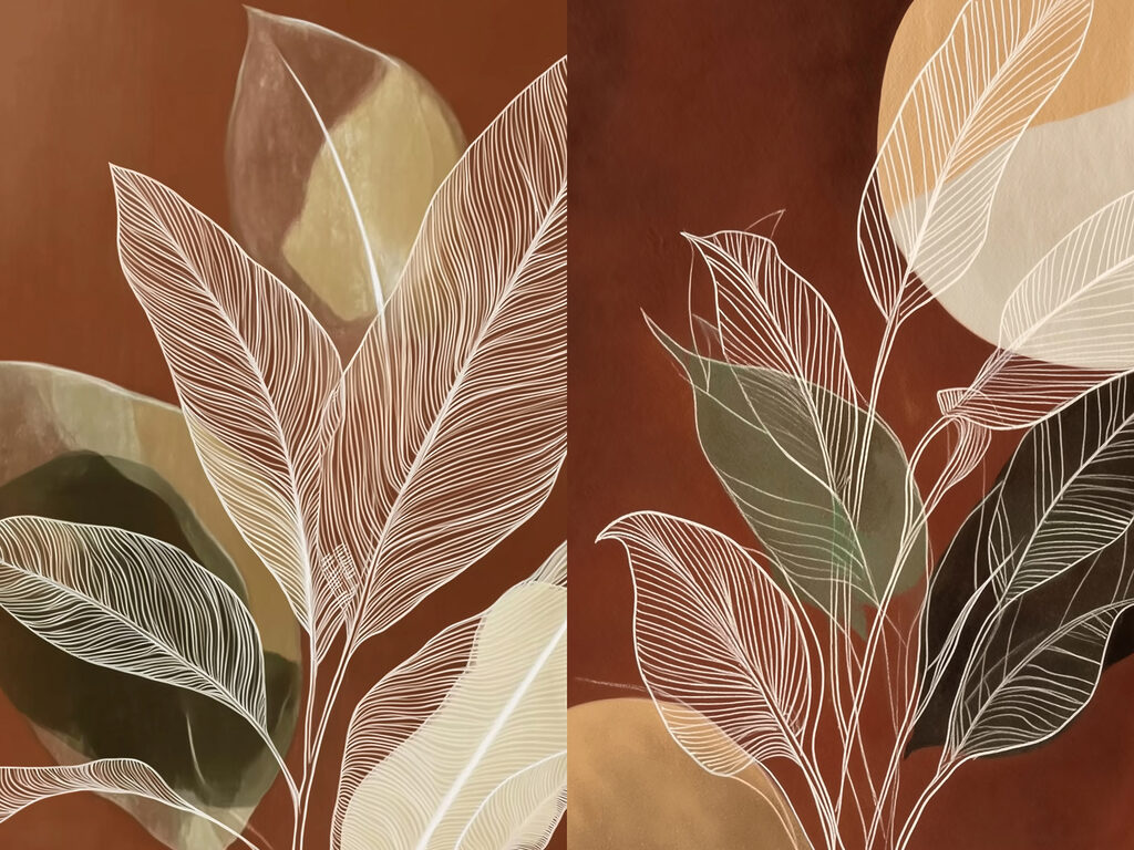 Schilderij van bladeren en cirkels — volledig ontwerp