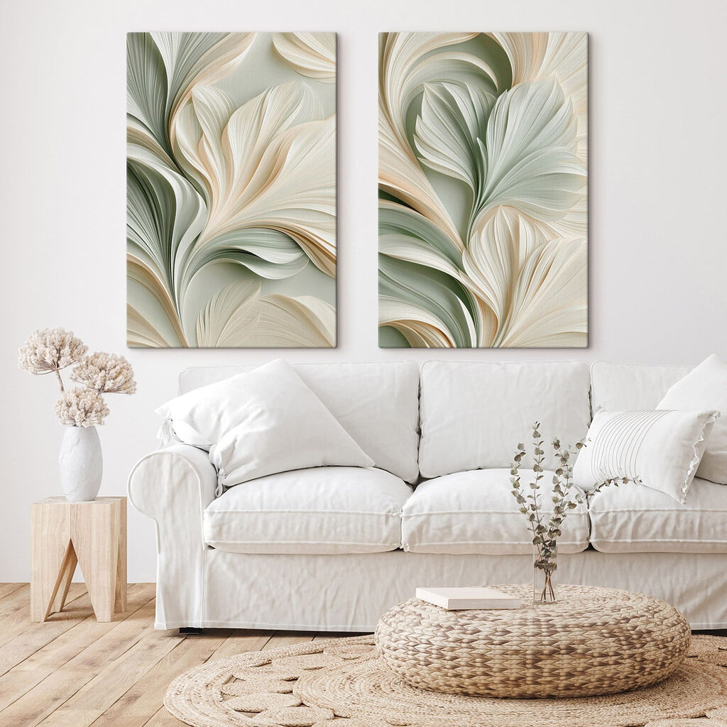 Collage van een wit en groen bloemmotief in een interieur