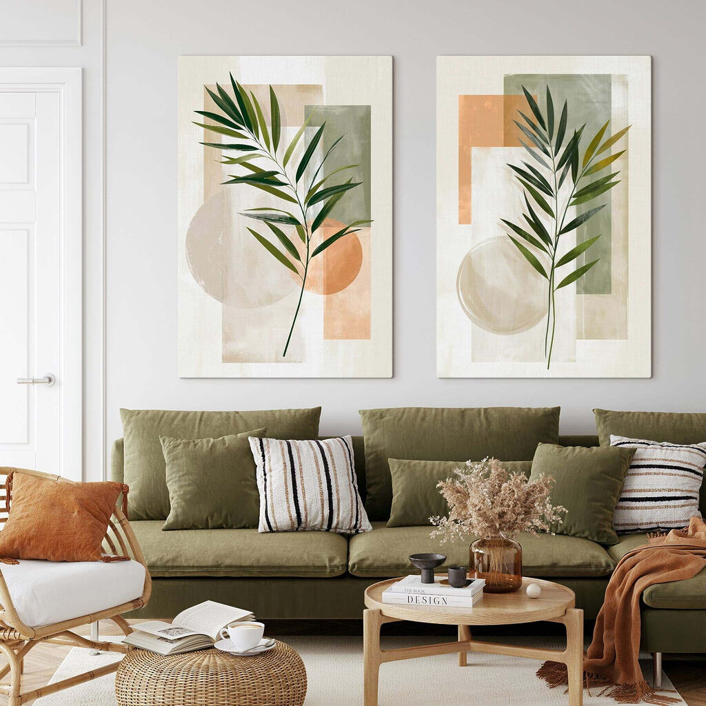 Schilderij met bladeren en vierkanten in een interieur