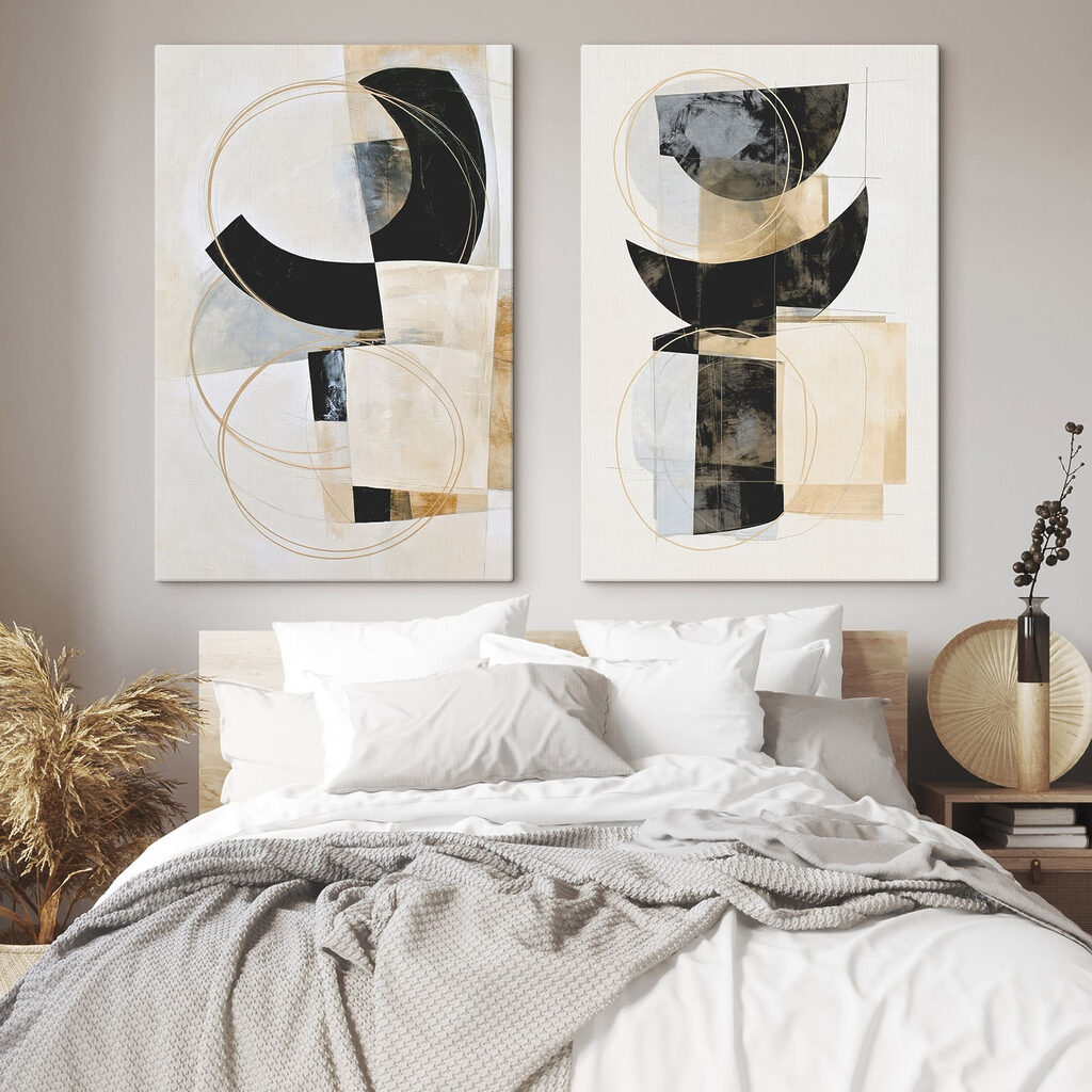 Schilderij van een paar cirkels en een paar cirkels in een interieur