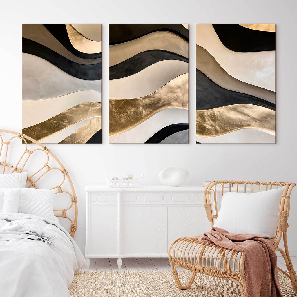 Collage van golvende patronen in verschillende kleuren in een interieur