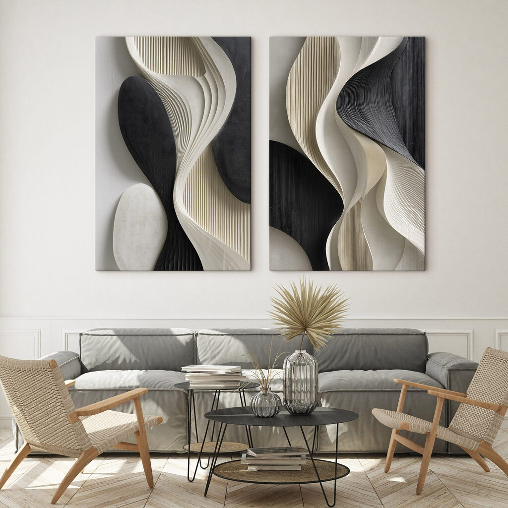 Vloeiende vormen in contrasterende kleuren in een interieur