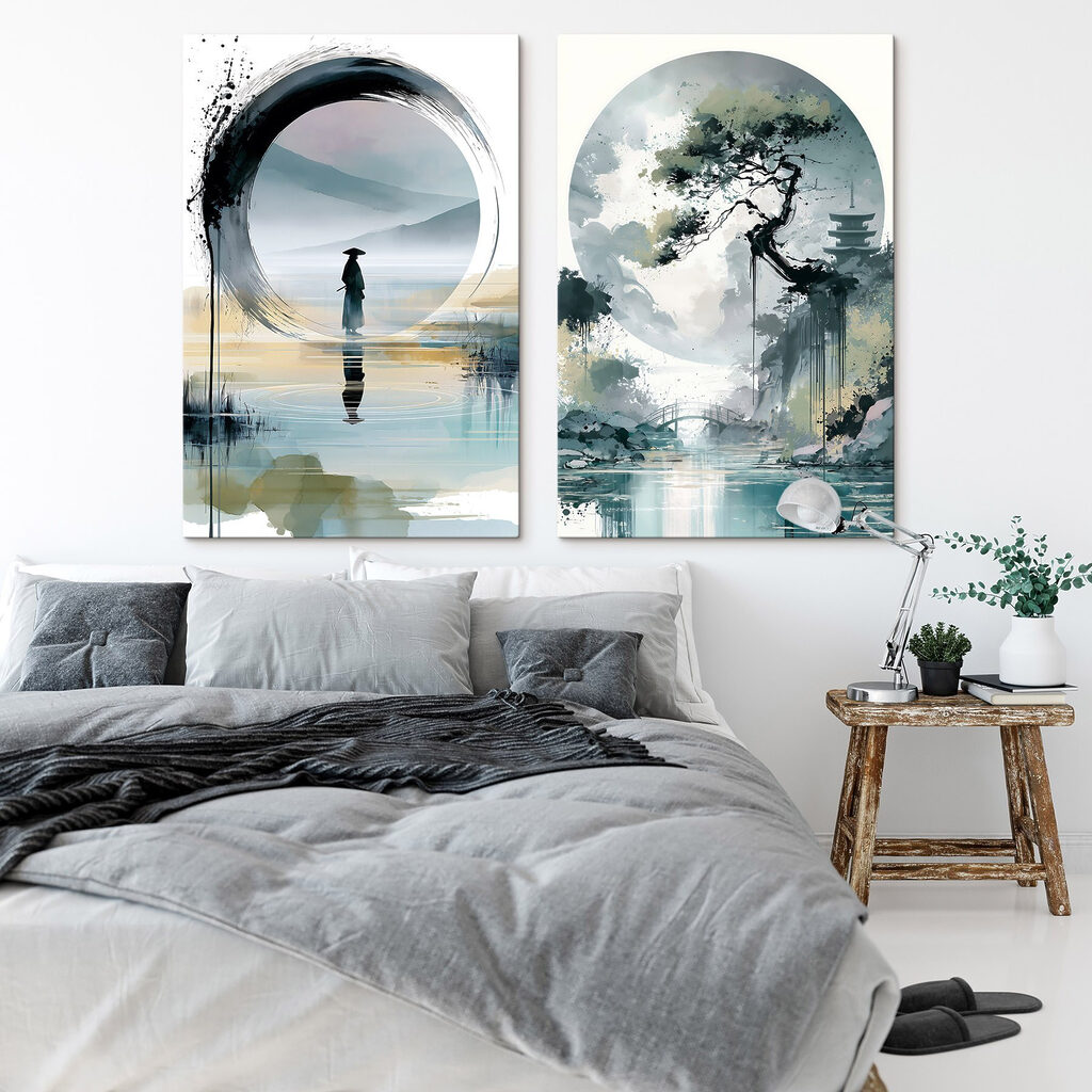 Schilderij van een man die in het water staat en een boom in een interieur