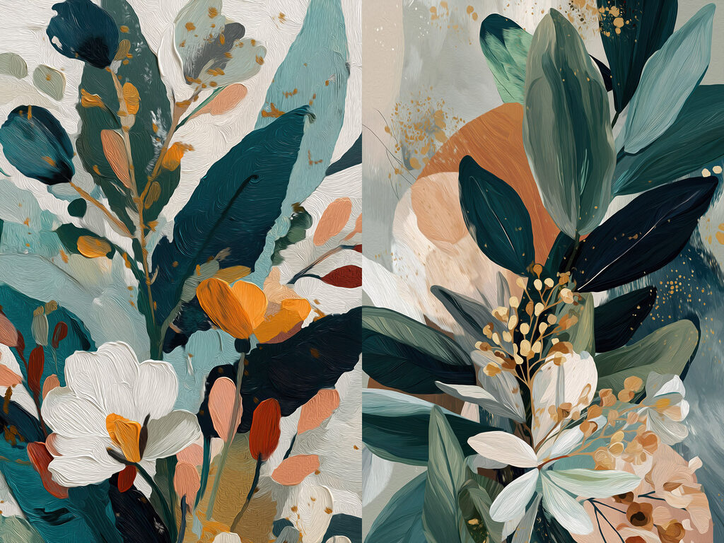 Schilderij van bloemen en bladeren — volledig ontwerp