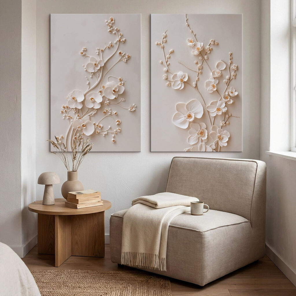 Elegant bloemmotief in zachte tinten — interieur 1