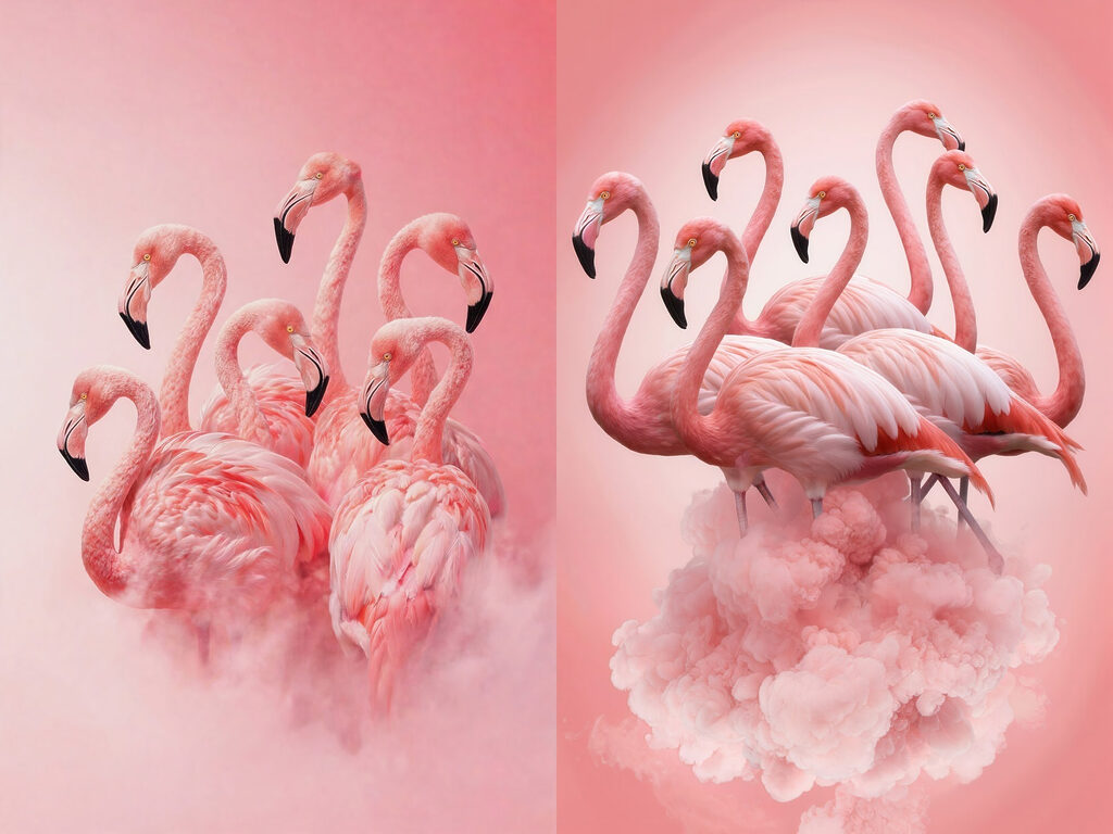 Een groep flamingo's in de wolken — volledig ontwerp