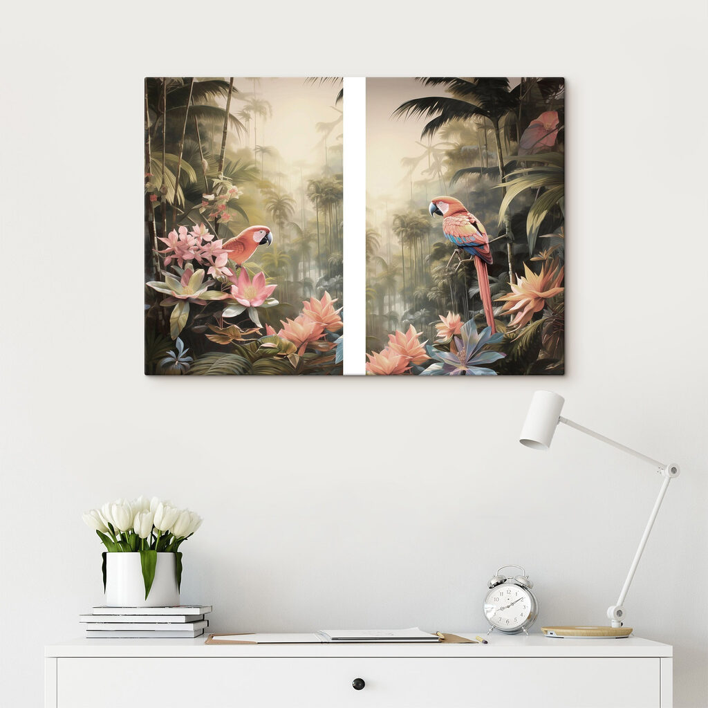 Een paar papegaaien op een boomtak in een bos in een interieur