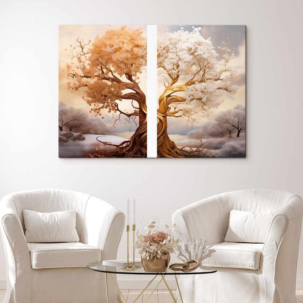 Boom met witte en gele bladeren in een interieur