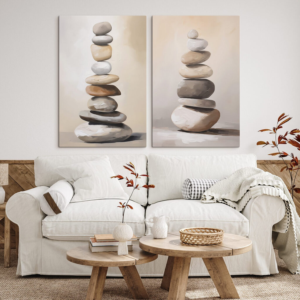 Schilderij van een stapel stenen in een interieur