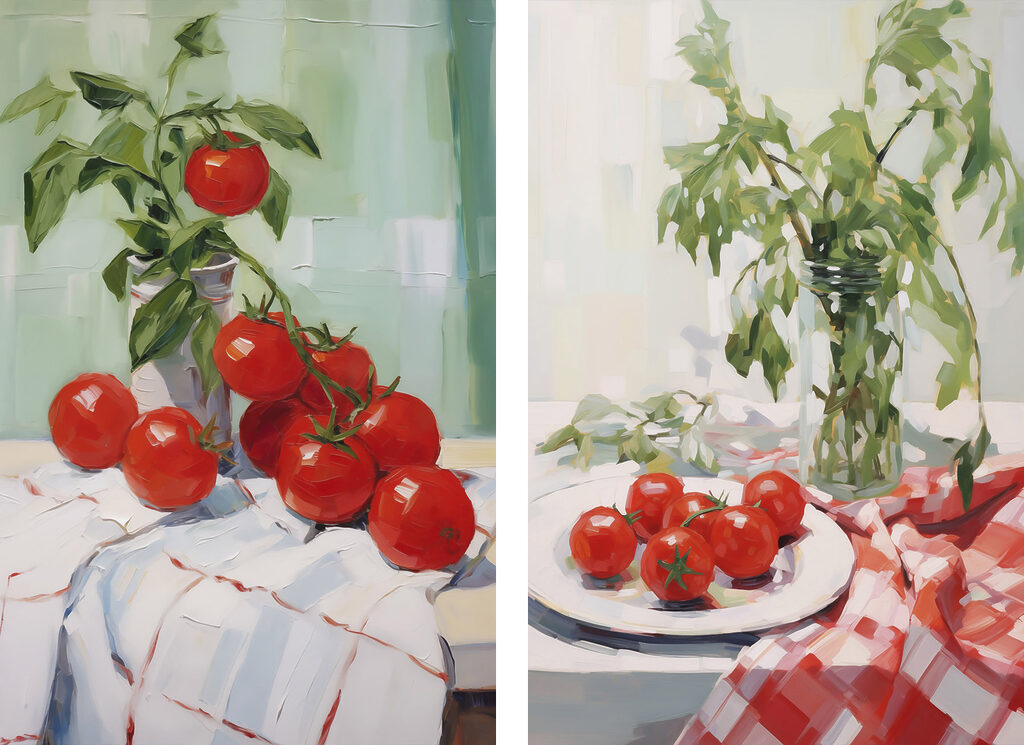Schilderij van tomaten op een tafel — volledig ontwerp