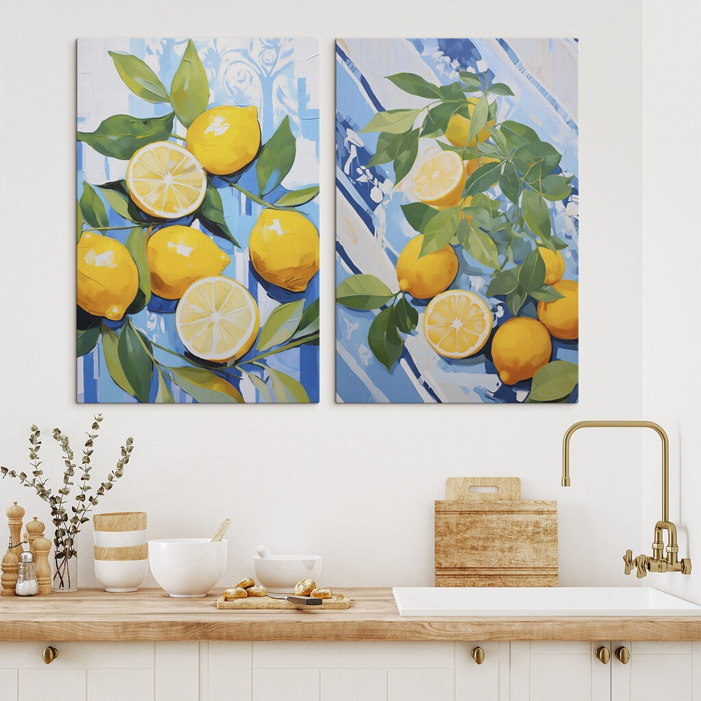 Schilderij van citroenen en bladeren in een interieur