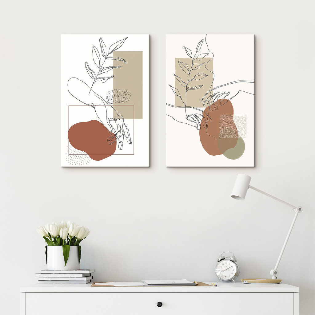 Tekening van een hand die een blad vasthoudt in een interieur