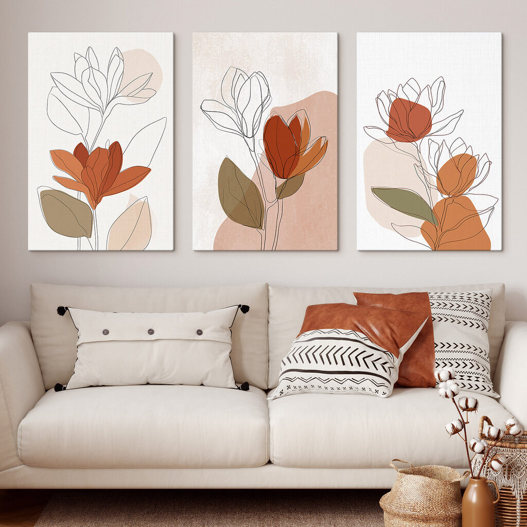 Tekening van bloemen met bladeren in een interieur