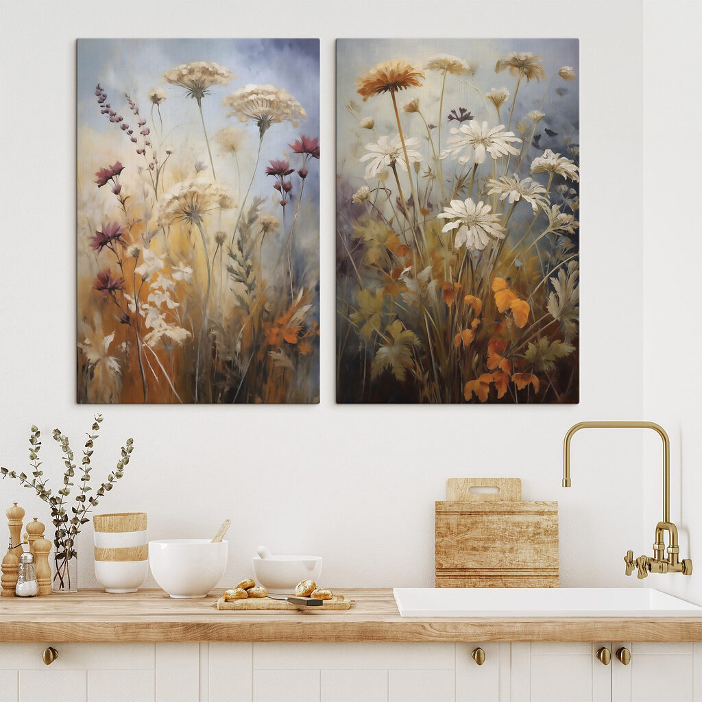 Schilderij van bloemen en gras in een interieur