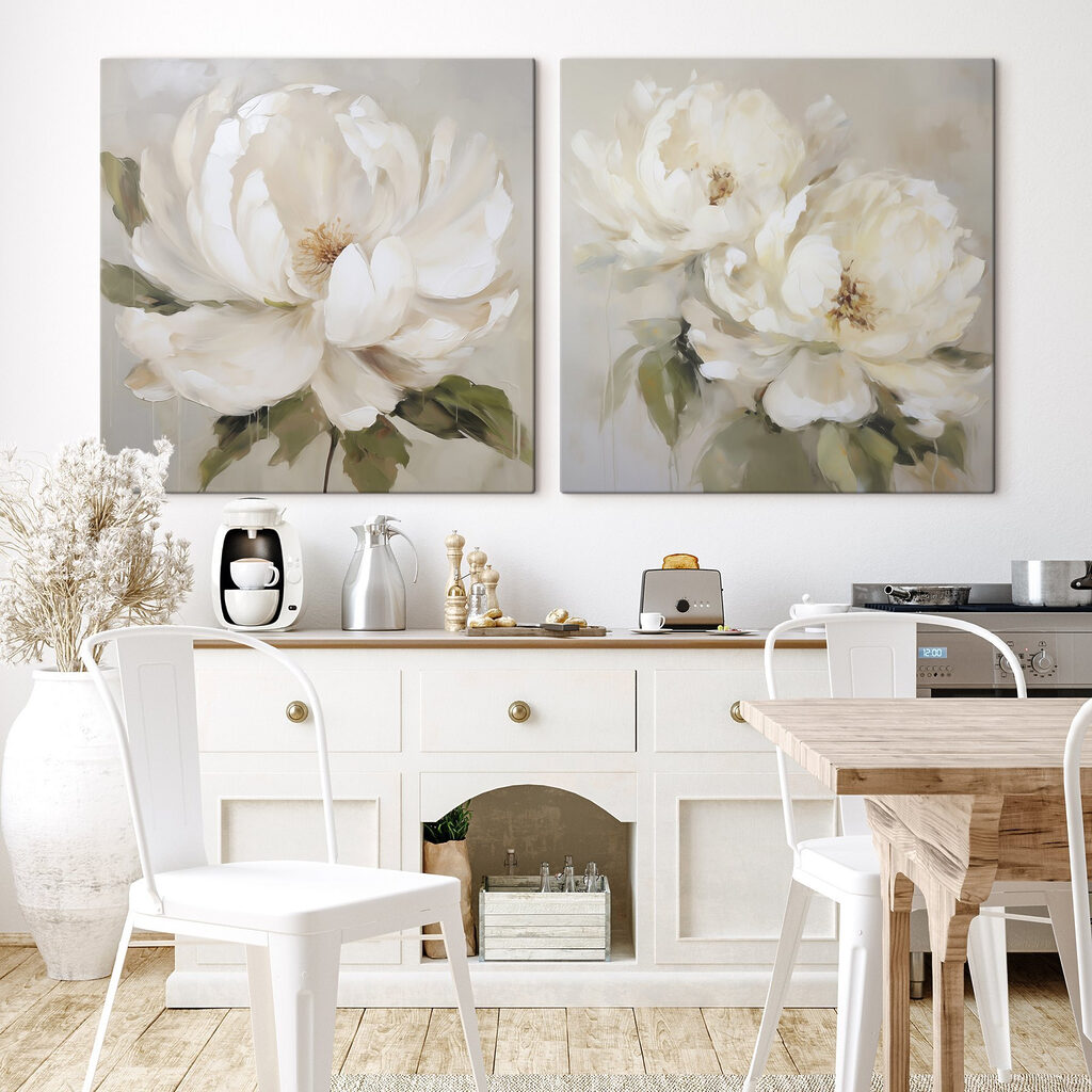 Schilderij van een witte bloem in een interieur