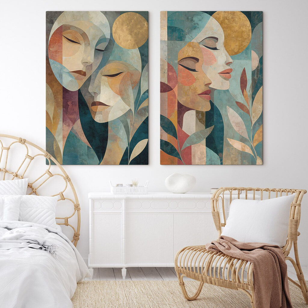 Collage van het gezicht van een vrouw in een interieur