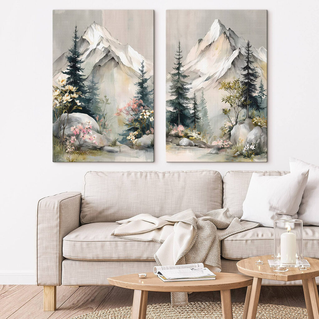 Schilderij van bergen en bomen in een interieur