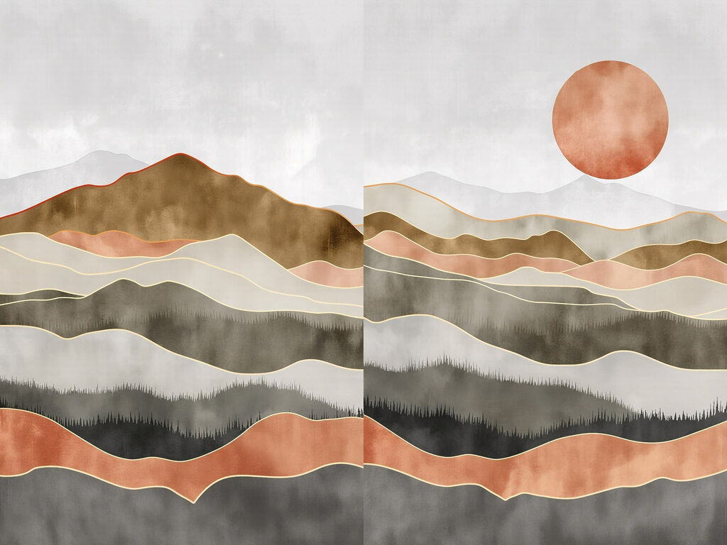 Schilderij van heuvels en de zon — volledig ontwerp