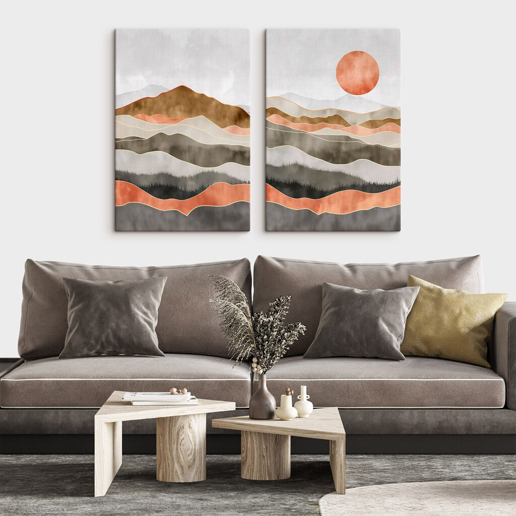 Schilderij van heuvels en de zon — interieur 2
