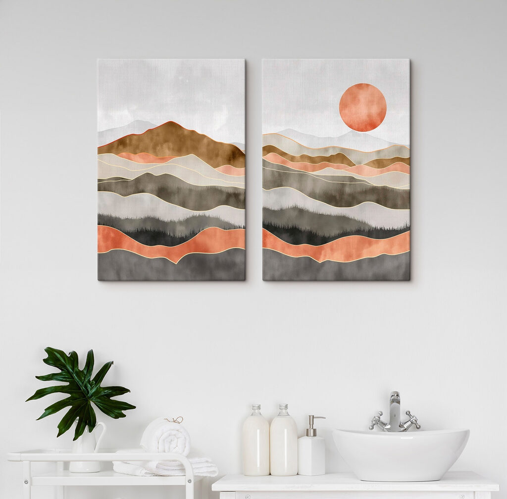 Schilderij van heuvels en de zon — interieur 1