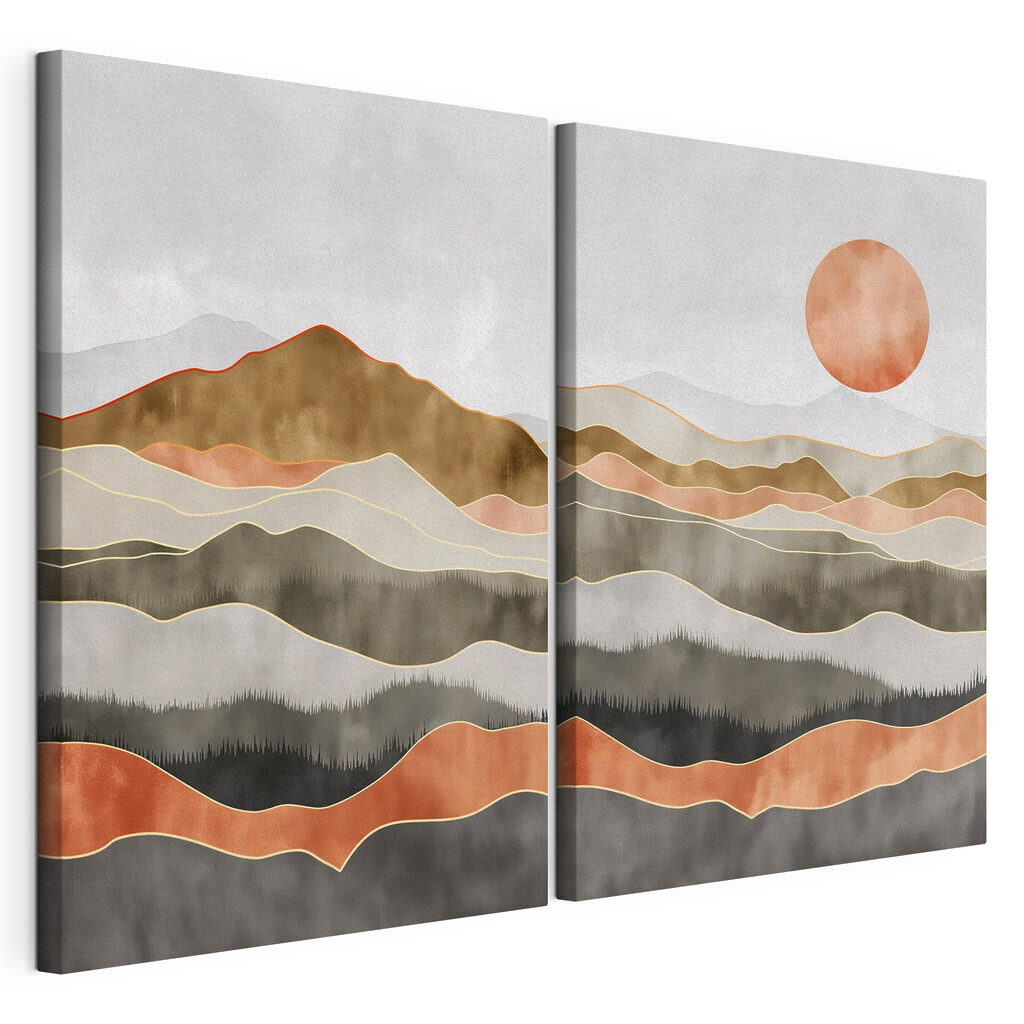 Schilderij van heuvels en de zon — productweergave