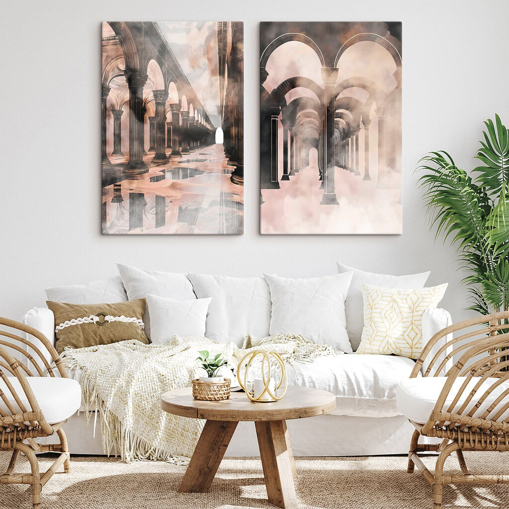 Collage van een gang met zuilen en een plas water — interieur 2