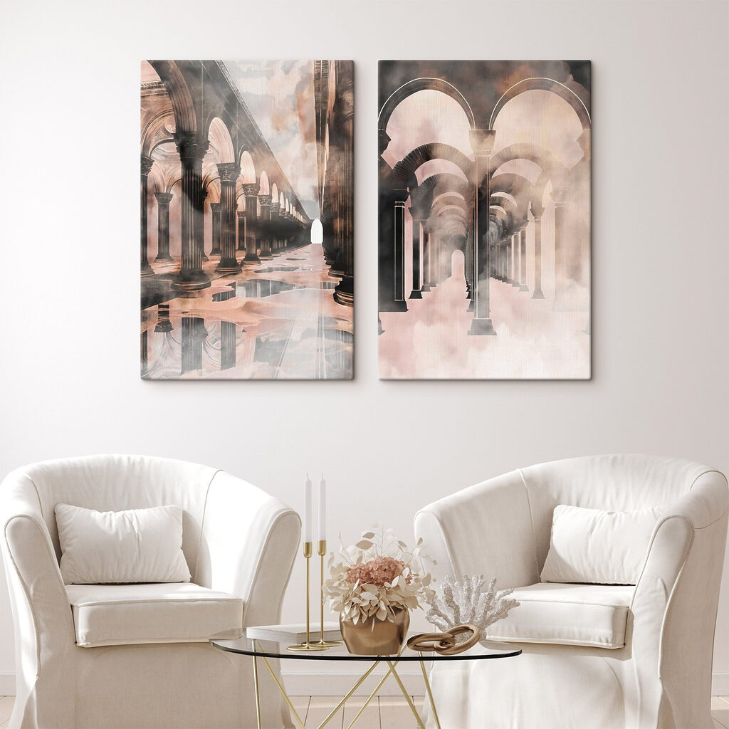 Collage van een gang met zuilen en een plas water — interieur 1