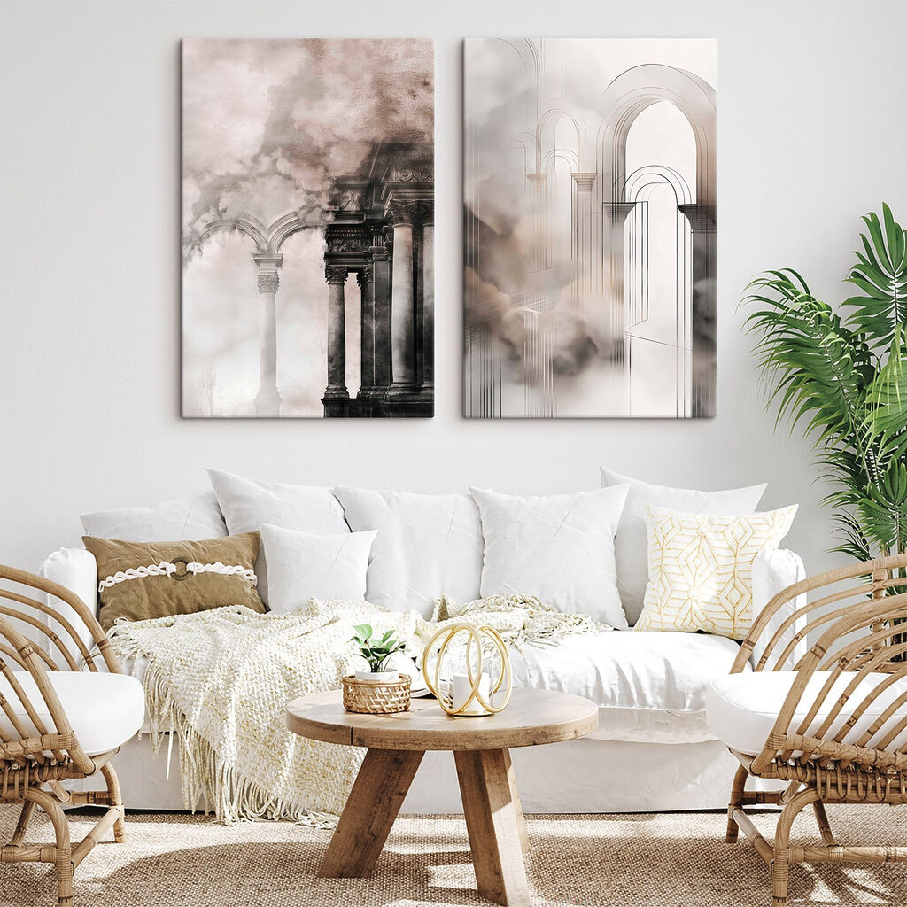 Collage van een gebouw met zuilen en rook — interieur 2