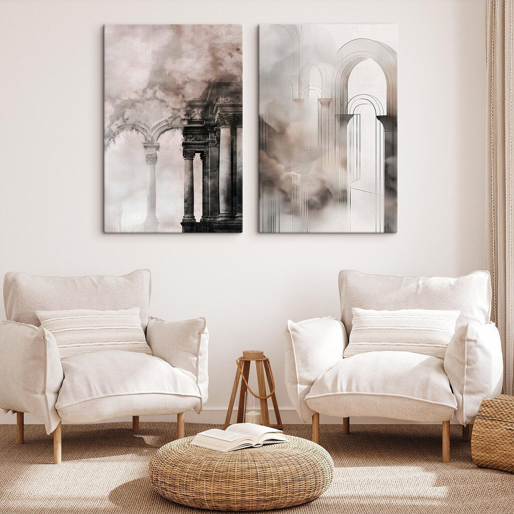 Collage van een gebouw met zuilen en rook — interieur 1