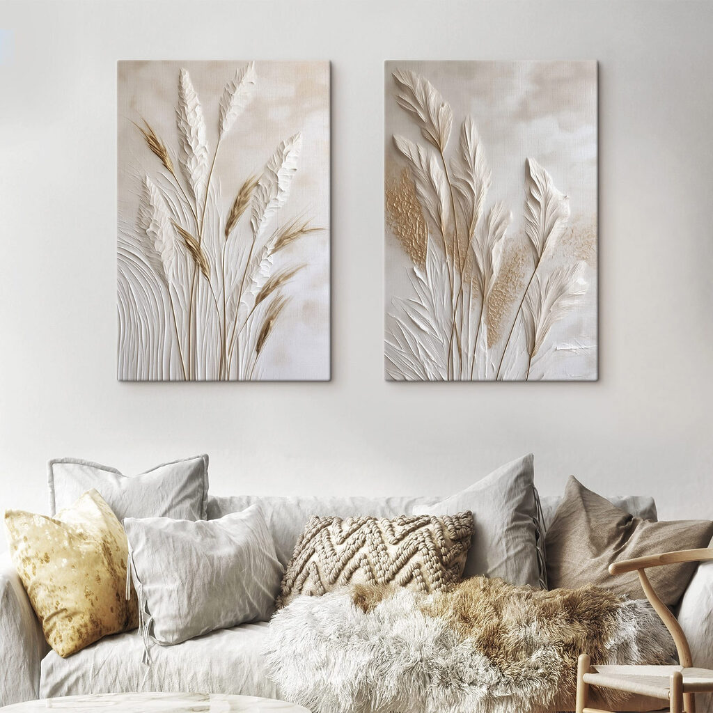 Collage van witte en bruine planten in een interieur