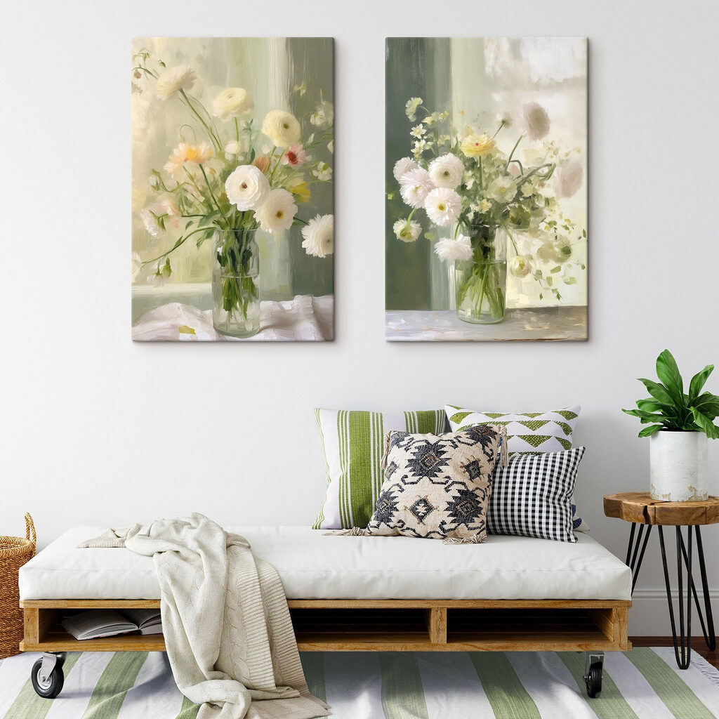 Collage van bloemen in een vaas in een interieur