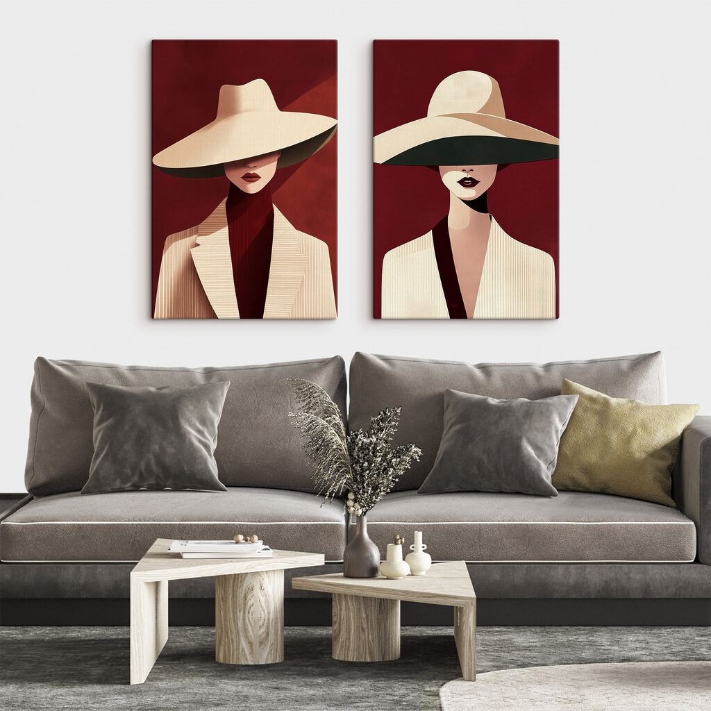 Collage van een vrouw met een hoed op in een interieur