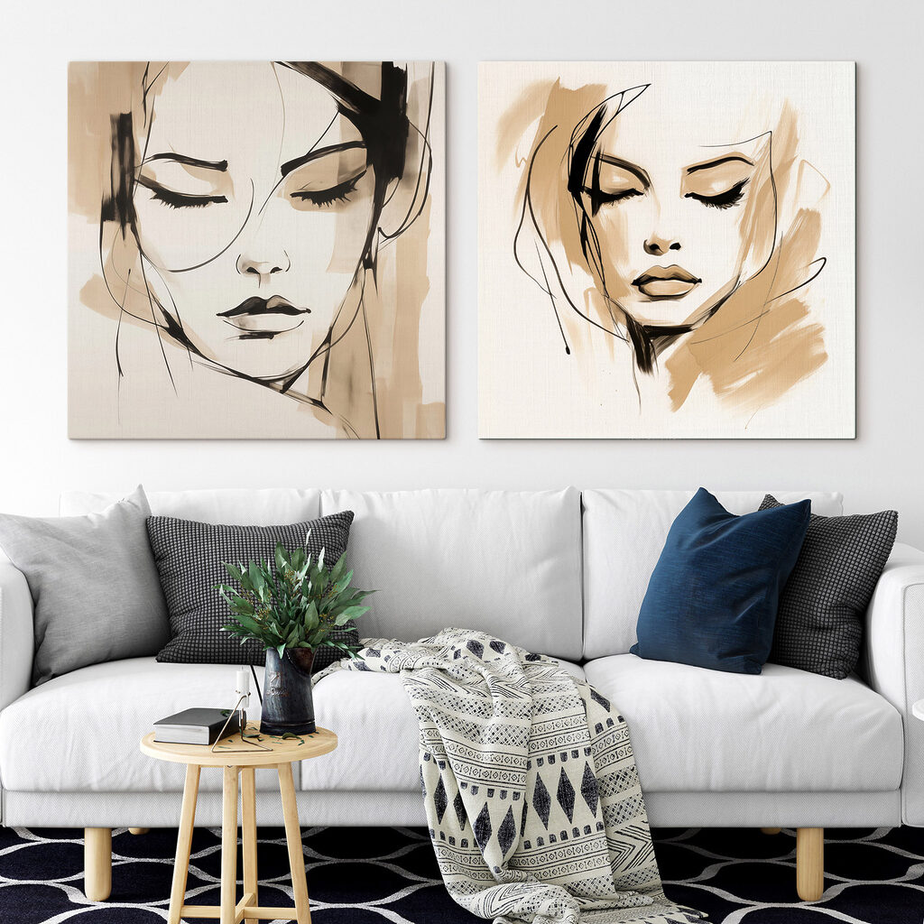 Tekeningen van het gezicht van een vrouw in een interieur