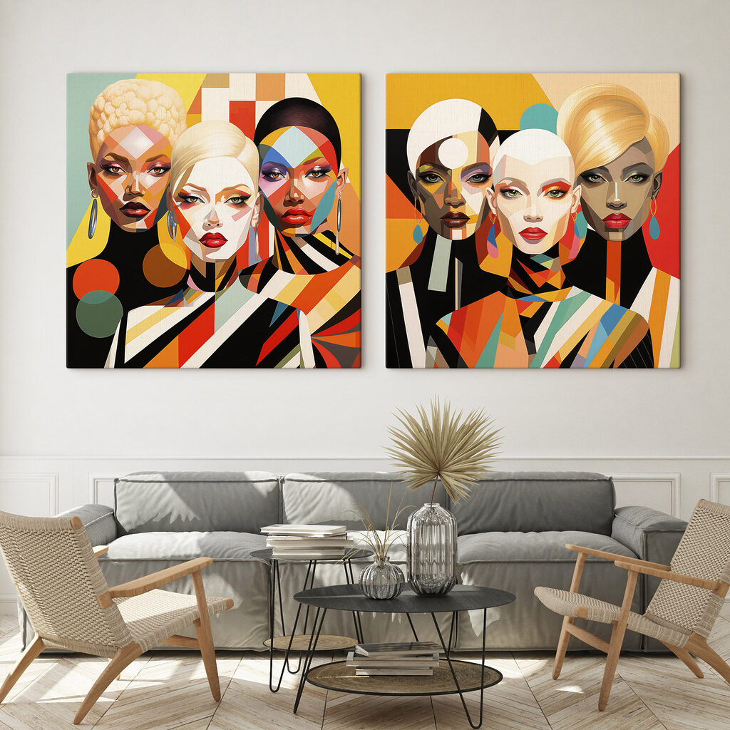 Collage van vrouwen in verschillende kleuren in een interieur
