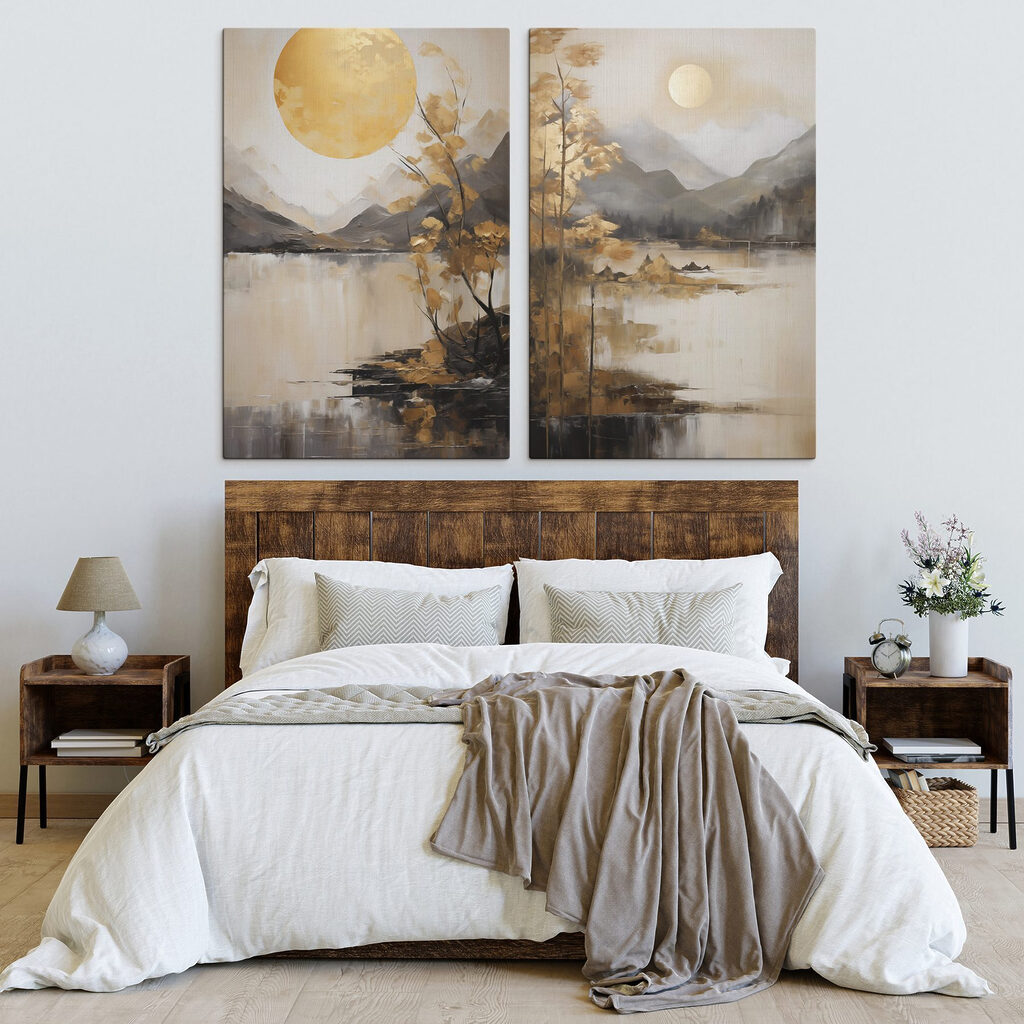 Schilderij van een landschap met een maan en bergen in een interieur