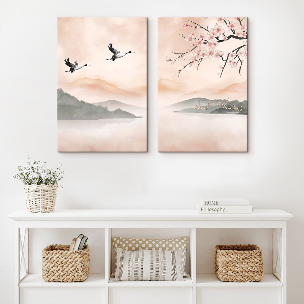 Twee vogels die over het water vliegen in een interieur