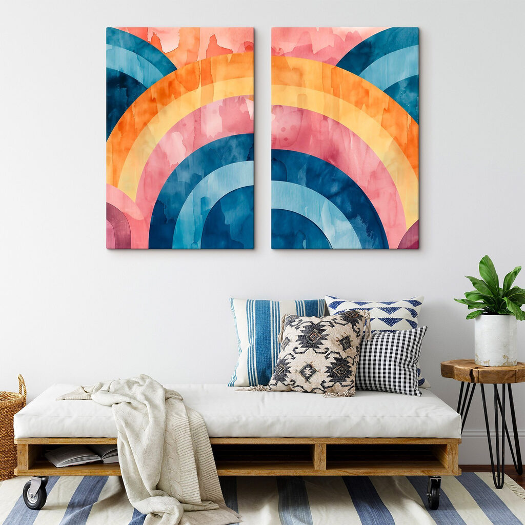 Kleurrijke aquarelschilderij met cirkels in een interieur
