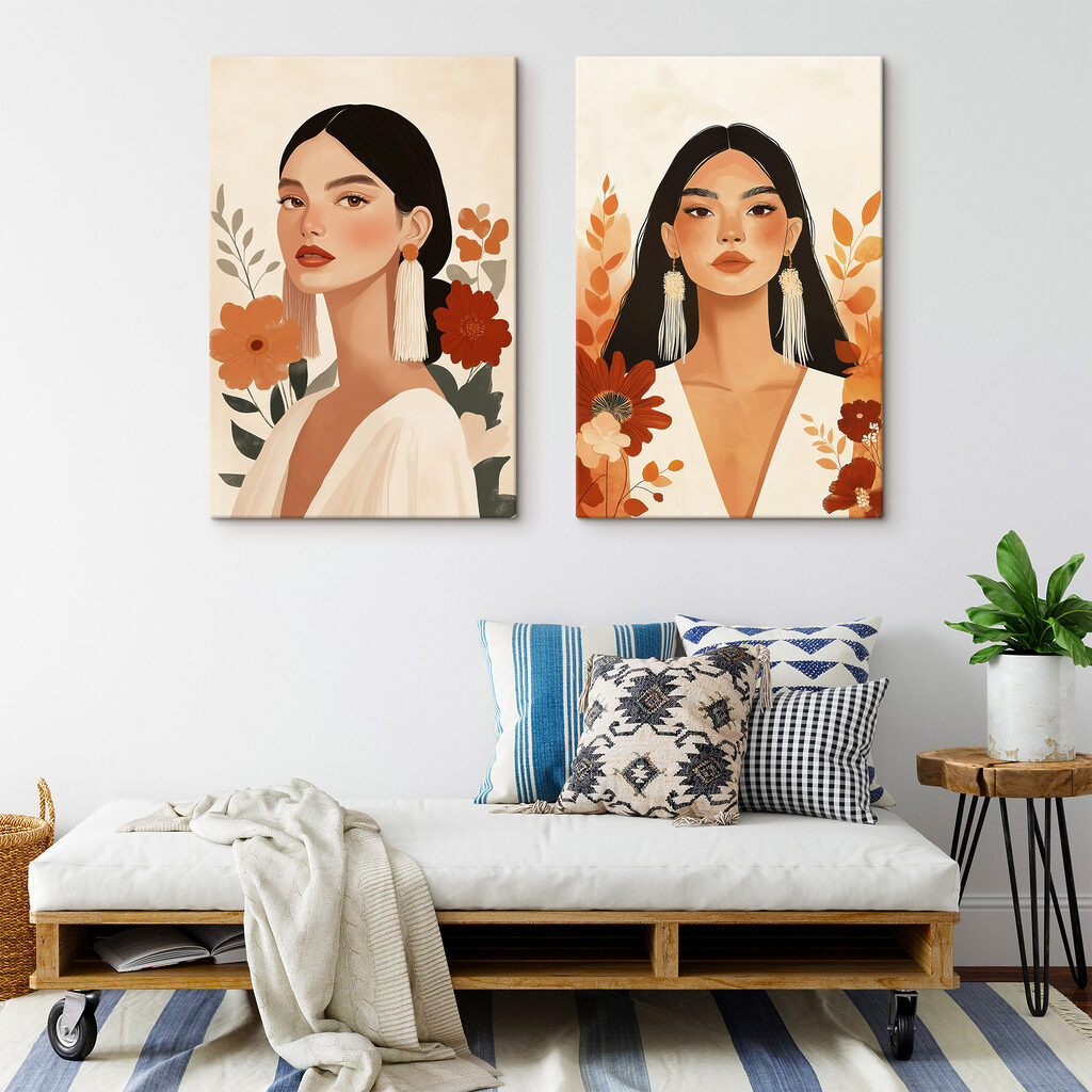 Collage van een vrouw met bloemen in een interieur