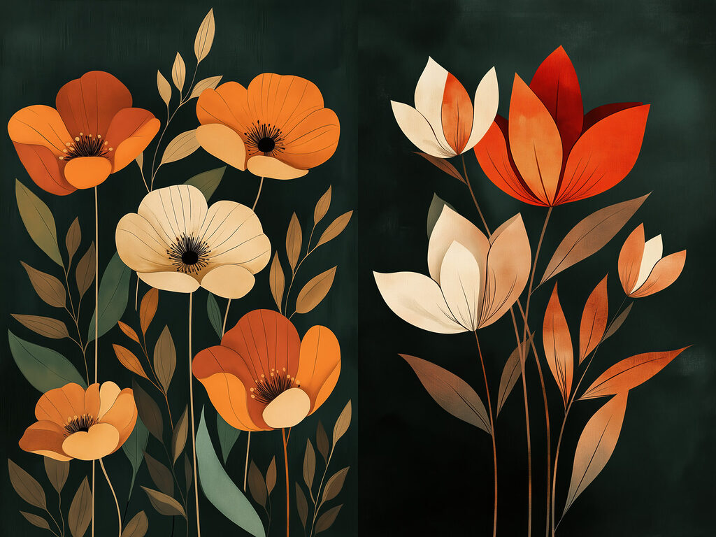 Schilderij van bloemen op een zwarte achtergrond — volledig ontwerp