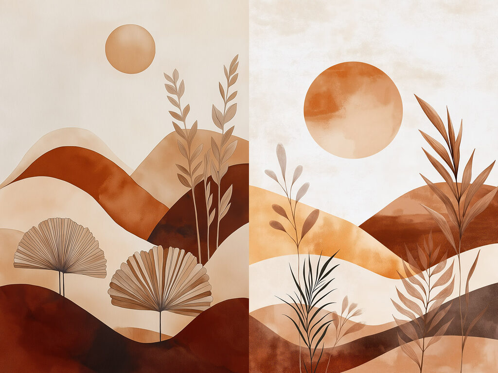 Schilderij van een landschap met planten en de zon — volledig ontwerp