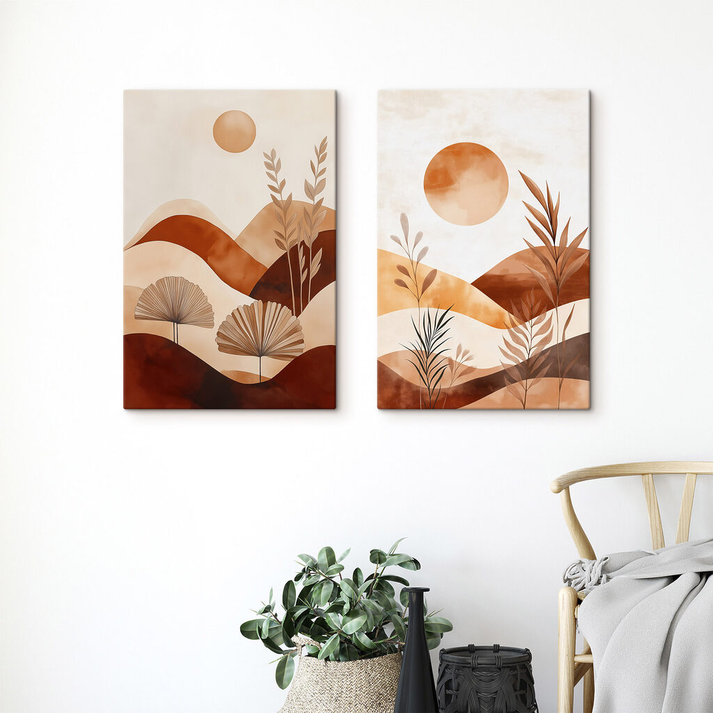 Schilderij van een landschap met planten en de zon in een interieur