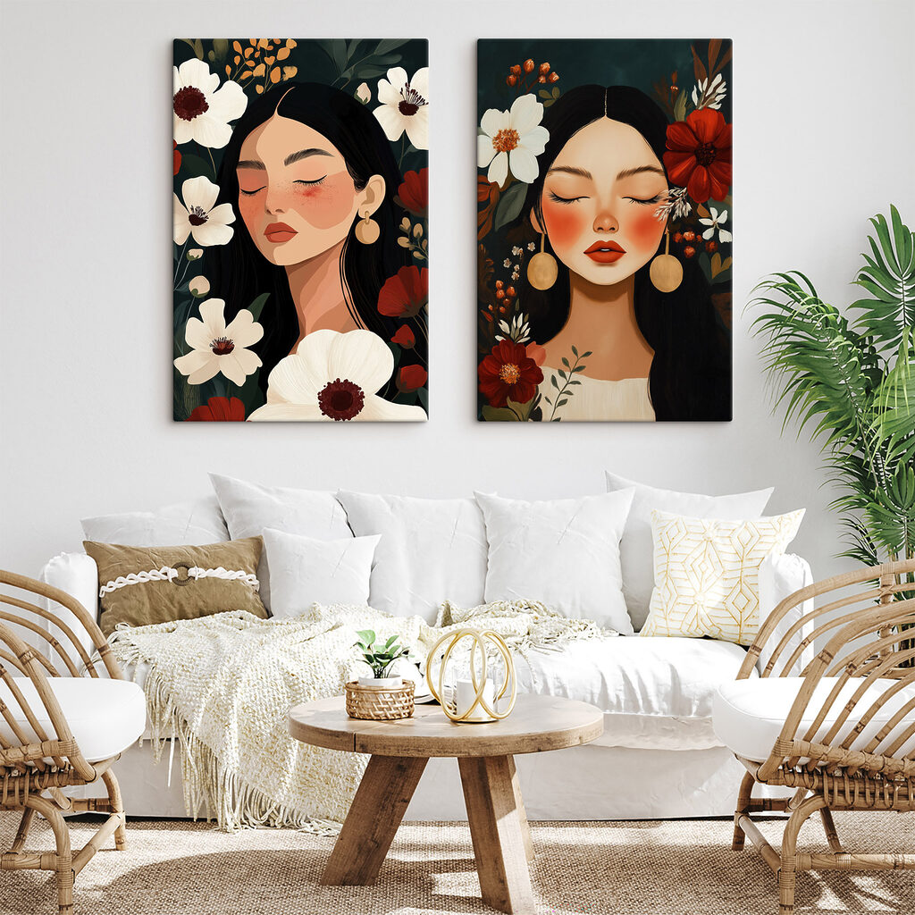 Dromerige gezichten te midden van kleurrijke bloemen in een interieur